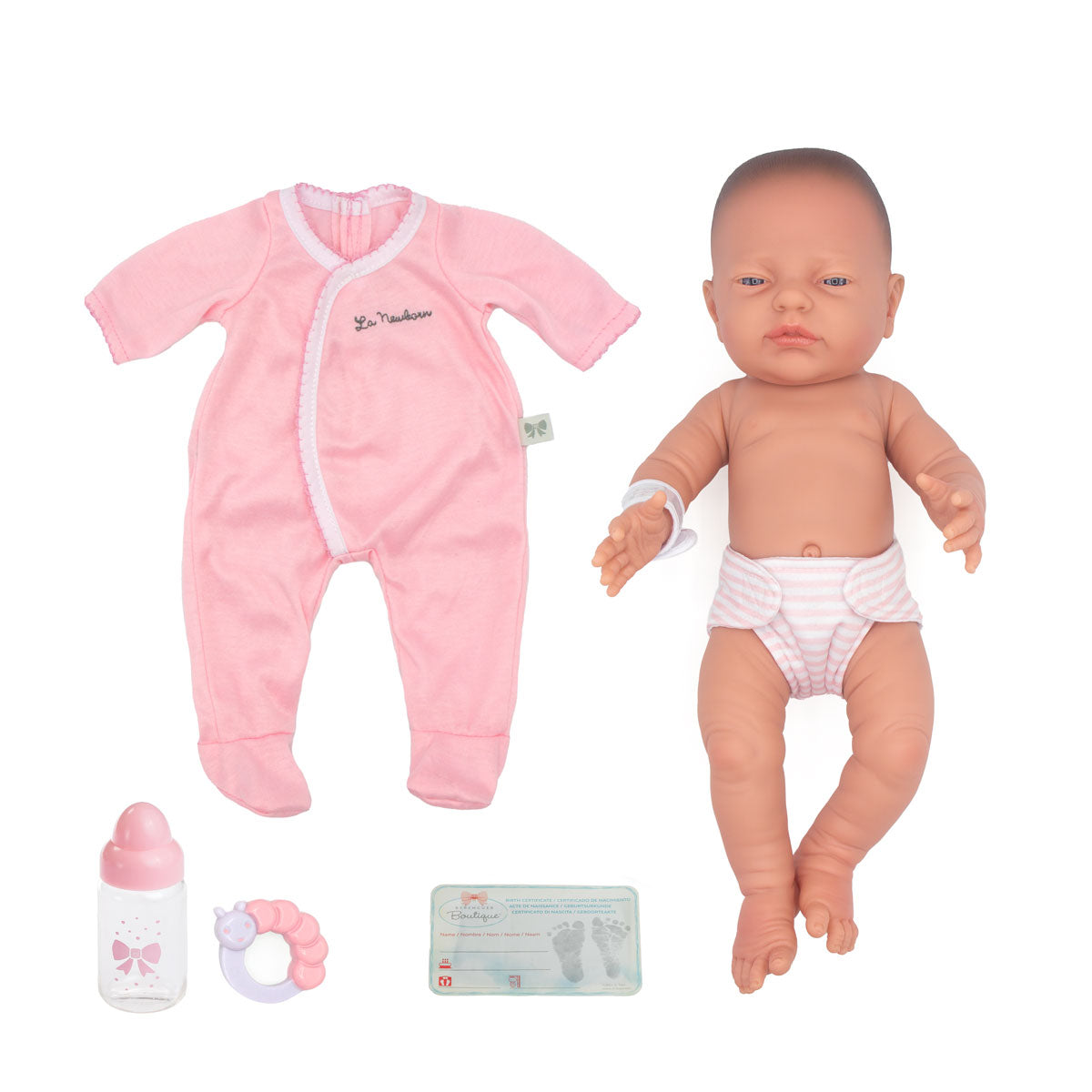 La Newborn® 17" All-Vinyl Retro La Newborn Doll in Pink Set w/ accessories. Window Box