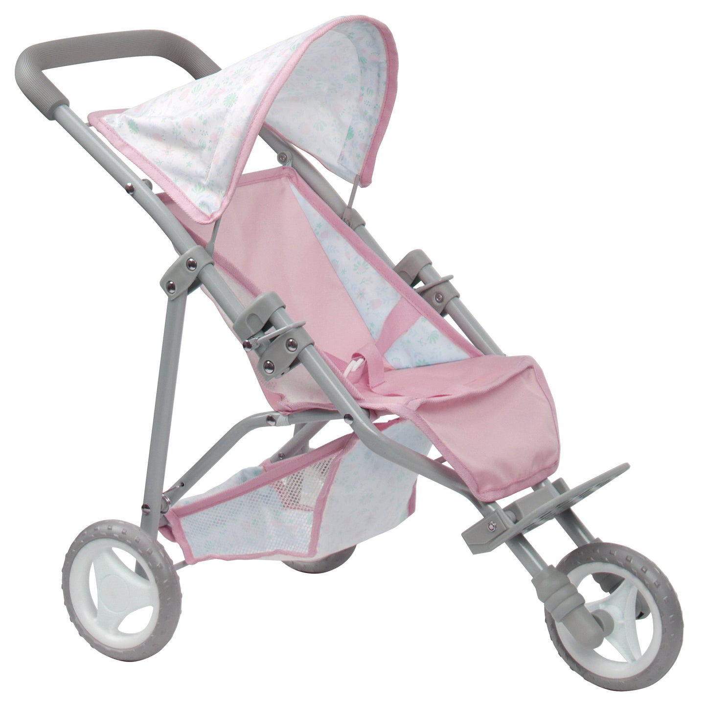 A folding deluxe jogger for dolls, predominantly pink with gray accents, featuring a floral pattern and a sunshade.