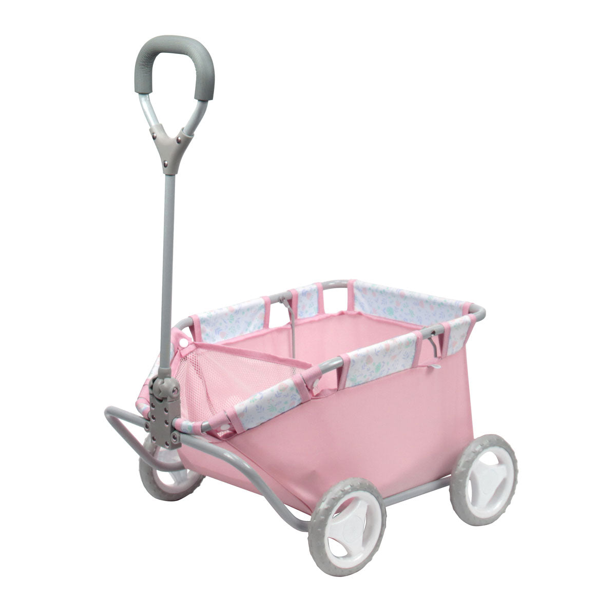 A pink floral folding pull along wagon for dolls, with a metal frame and plastic wheels, designed by JC Toys.