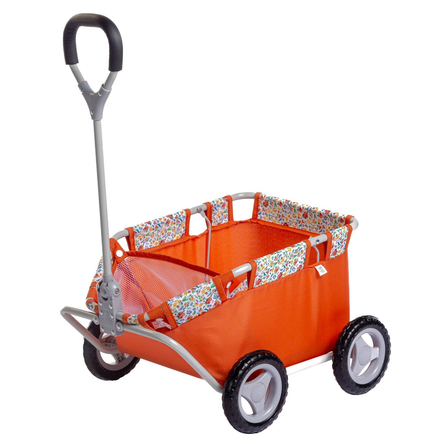 Nature Themed children's wagon with floral patterned sides in a room with a shelf and chair.