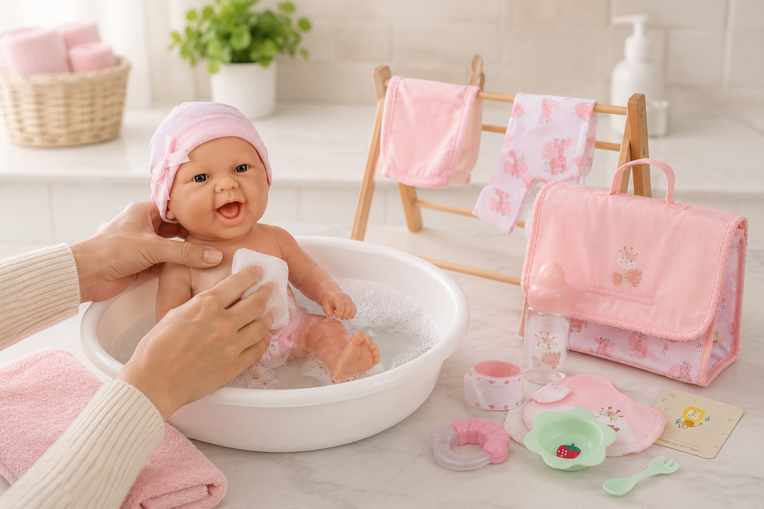 baby doll getting washed