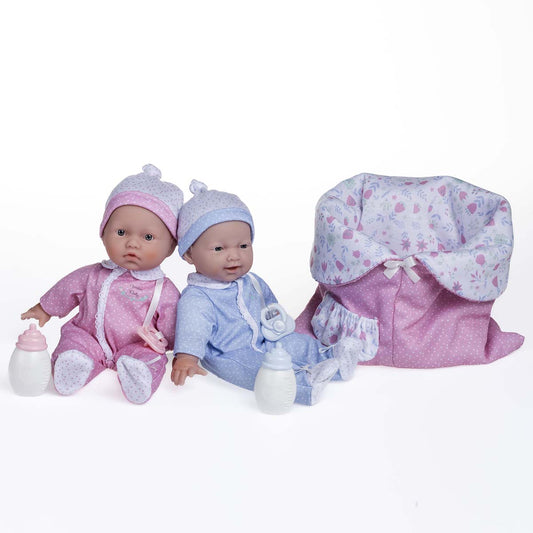 JC Toys La Baby Twins Sleeping Bag Gift Set |11-inch Small Soft Body Dolls Washable |Removable Pink and Blue Outfits, Pacifier & Blanket | 12 Months+
