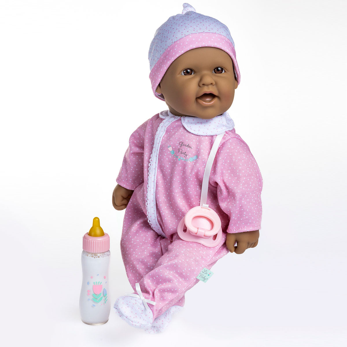 La Baby ® 16" Soft Body Baby Doll Pink/White Onesie w/ Pacifier & Magic Bottle. Hispanic.