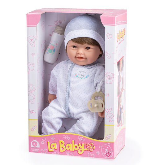JC Toys, Down Syndrome La Baby 16 inches Soft Body Baby Doll Brown Hair - Realistic Features