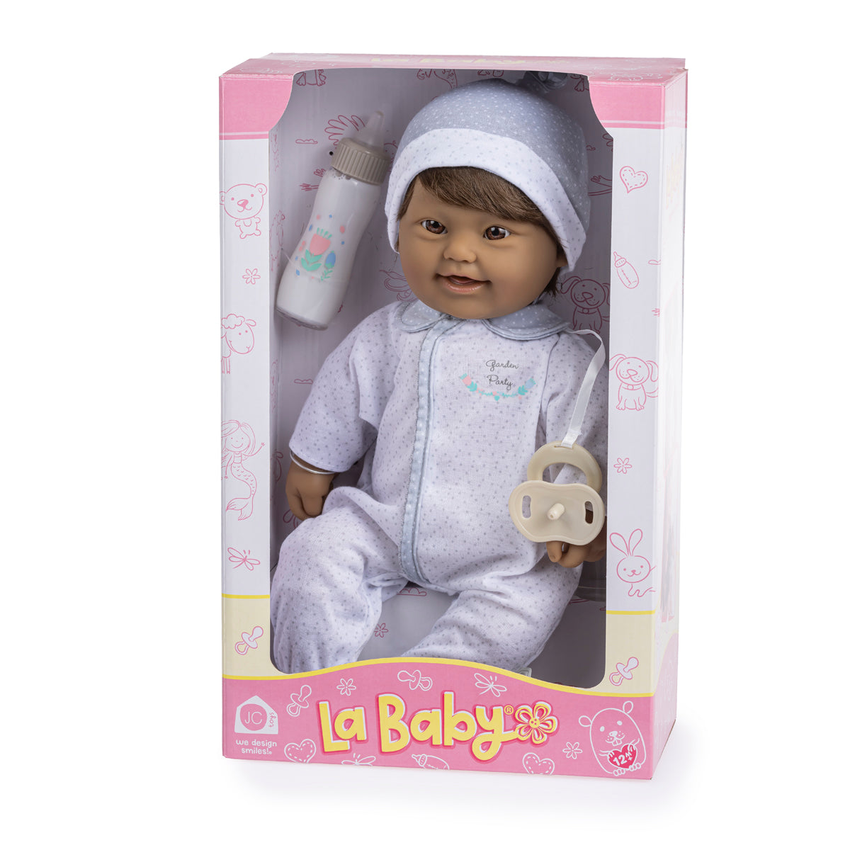 JC Toys, Ethnic Down Syndrome La Baby 16 inches Soft Body Baby Doll Brown Hair - Realistic Features