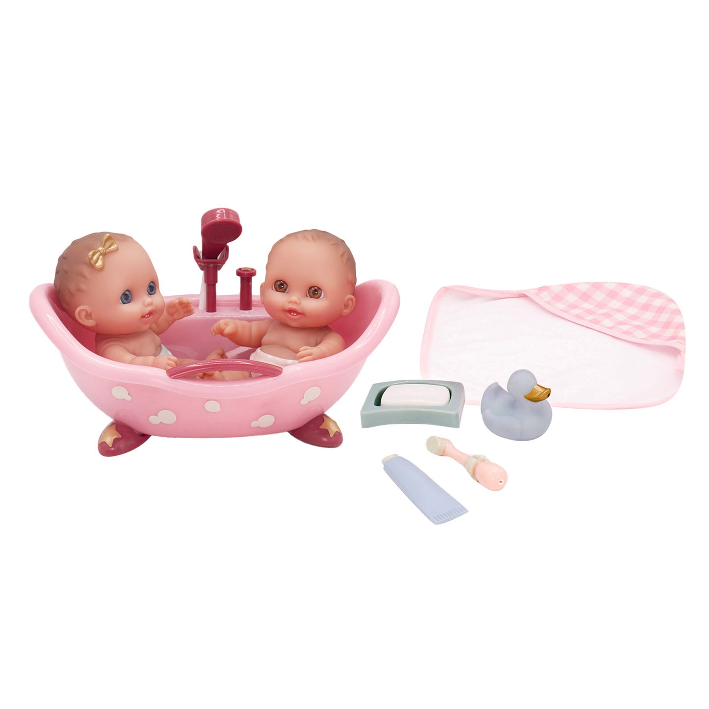 Lil’ Cutesies Twin Baby Doll Bathtub Playset with Working Pump Shower – Bath Time Set with  8.5" Dolls, Hooded Towel & Accessories