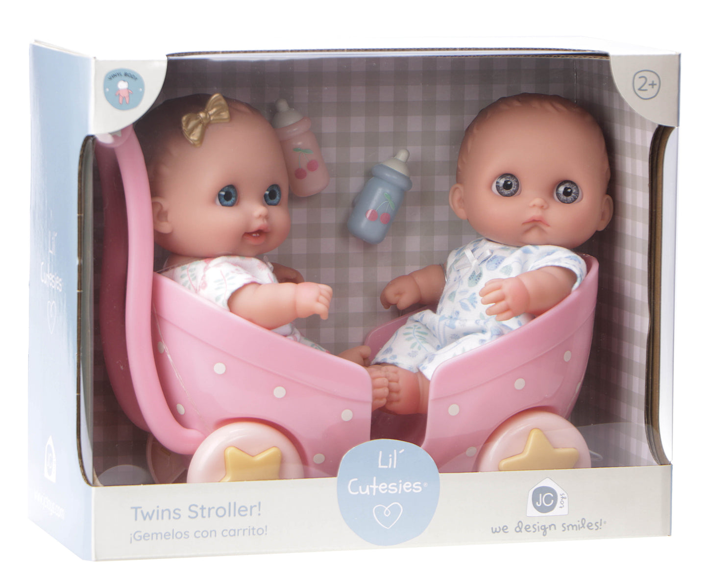 JC Toys Lil’ Cutesies 8.5” Twin Dolls in Stroller – Washable All-Vinyl Dolls with Bottles, Poseable Arms and Legs – Adorable Lil' Cutesies Twins