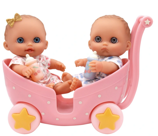 JC Toys Lil’ Cutesies 8.5” Twin Dolls in Stroller – Washable All-Vinyl Dolls with Bottles, Poseable Arms and Legs – Adorable Lil' Cutesies Twins