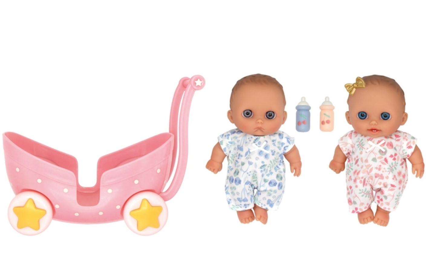 JC Toys Lil’ Cutesies 8.5” Twin Dolls in Stroller – Washable All-Vinyl Dolls with Bottles, Poseable Arms and Legs – Adorable Lil' Cutesies Twins