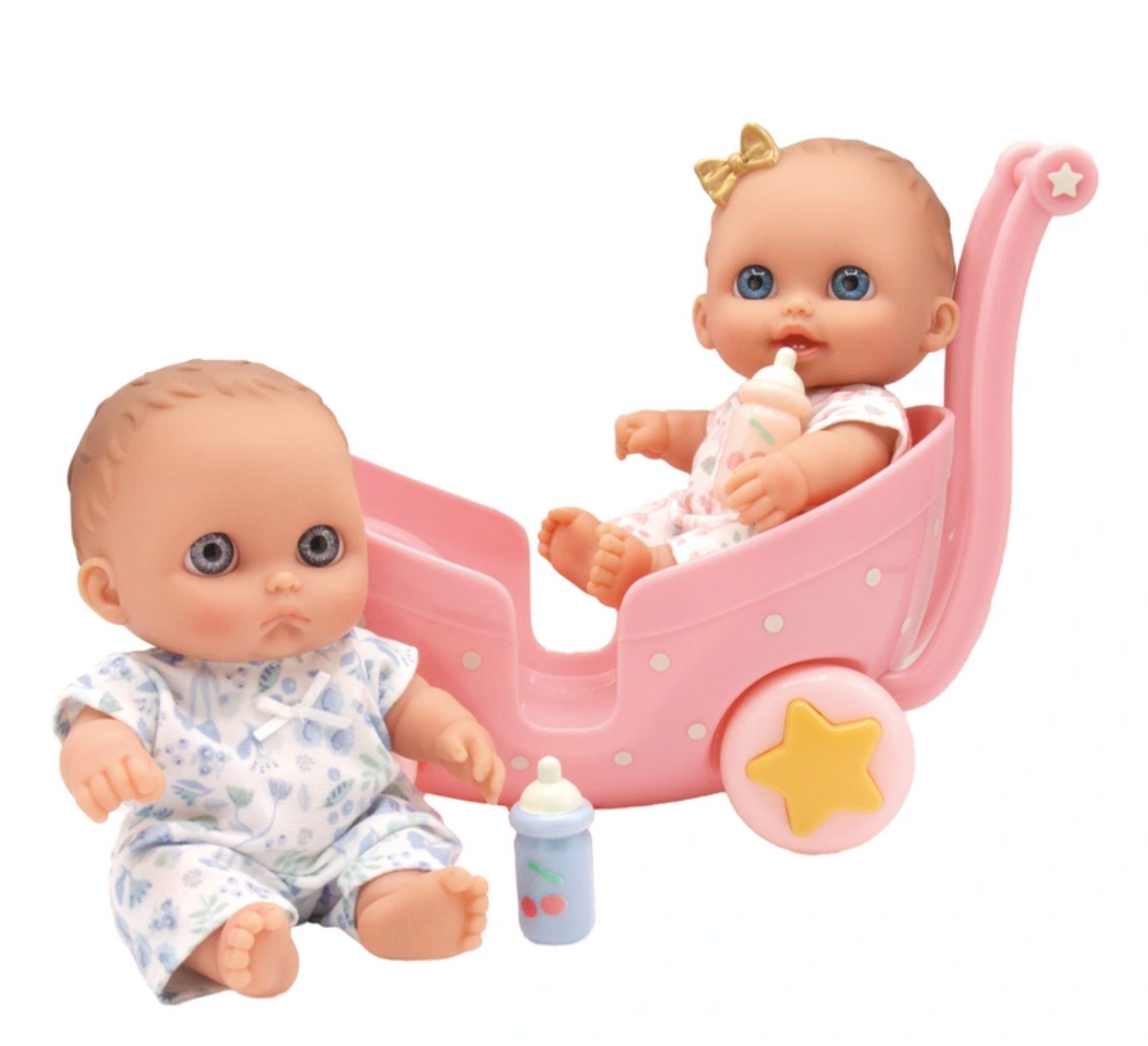 JC Toys Lil’ Cutesies 8.5” Twin Dolls in Stroller – Washable All-Vinyl Dolls with Bottles, Poseable Arms and Legs – Adorable Lil' Cutesies Twins