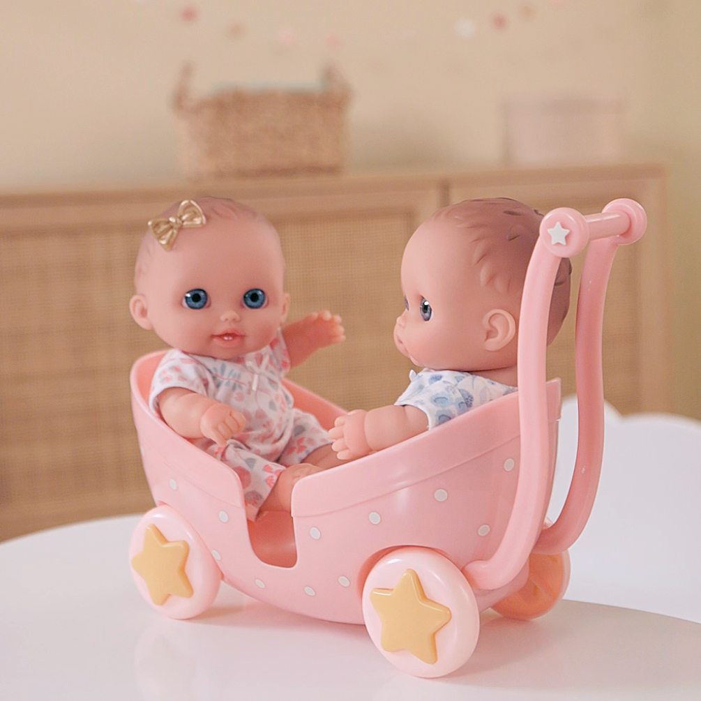 JC Toys Lil’ Cutesies 8.5” Twin Dolls in Stroller – Washable All-Vinyl Dolls with Bottles, Poseable Arms and Legs – Adorable Lil' Cutesies Twins