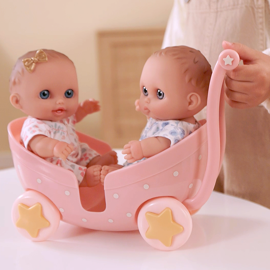 JC Toys Lil’ Cutesies 8.5” Twin Dolls in Stroller – Washable All-Vinyl Dolls with Bottles, Poseable Arms and Legs – Adorable Lil' Cutesies Twins