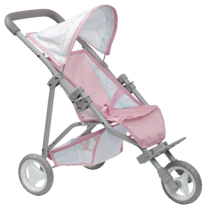 A folding deluxe jogger for dolls, predominantly pink with gray accents, featuring a floral pattern and a sunshade.