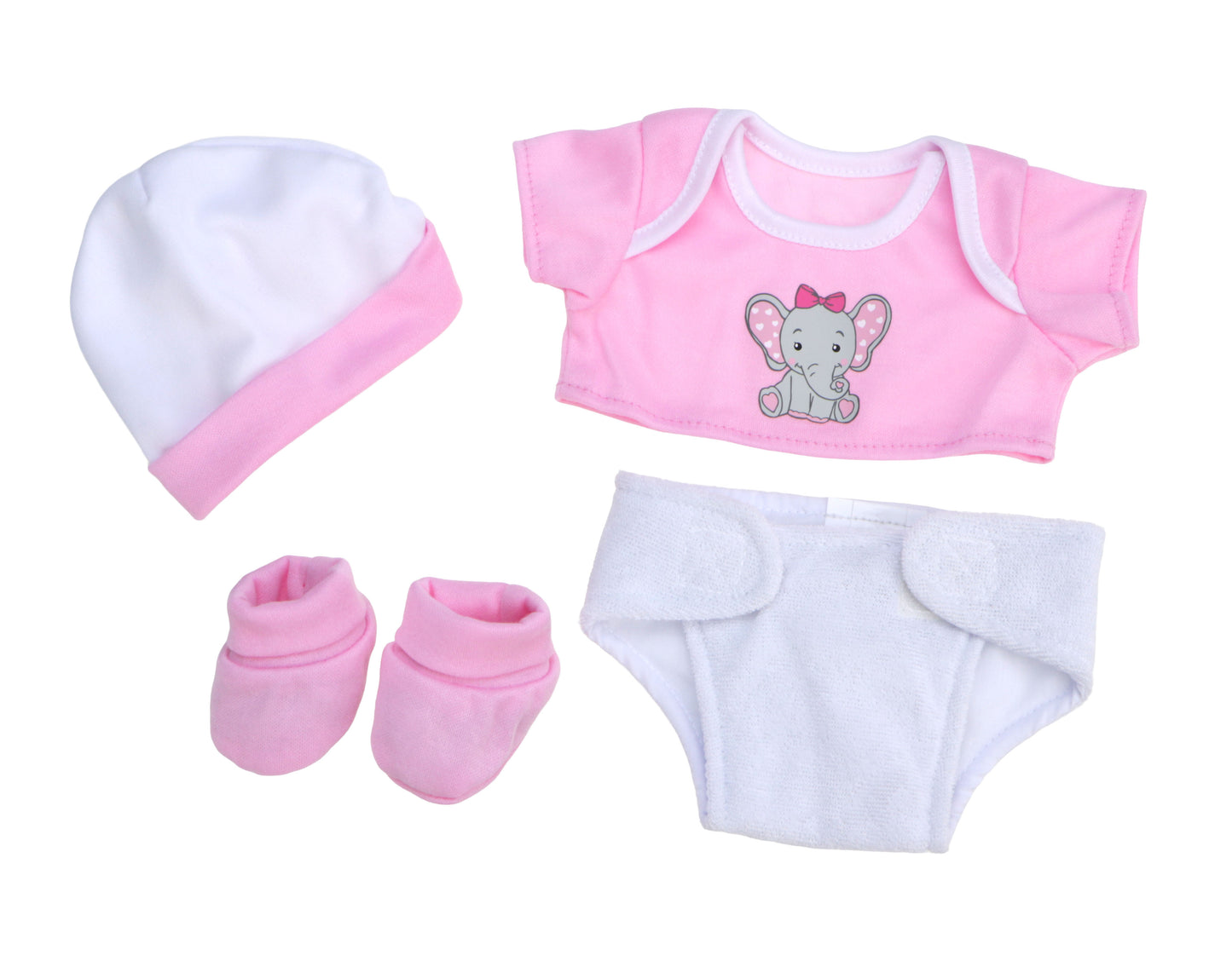 JC Toys Pink Elephant 4-Piece Doll Outfit – Hat, Top, Diaper, and Booties Set | Fits 12–15” Dolls | Soft Fabric & Easy Velcro Closure