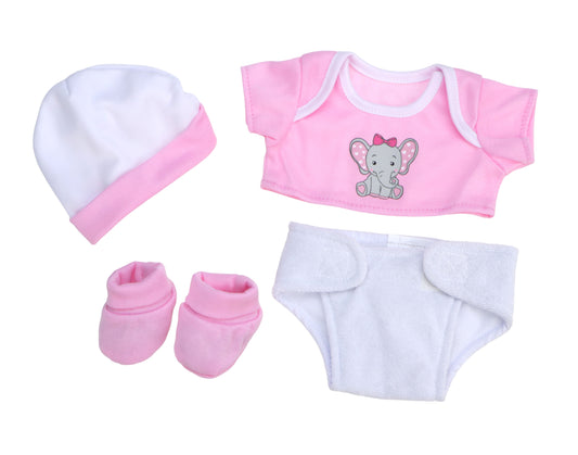JC Toys Pink Elephant 4-Piece Doll Outfit – Hat, Top, Diaper, and Booties Set | Fits 12–15” Dolls | Soft Fabric & Easy Velcro Closure