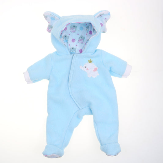 JC Toys Berenguer Boutique Baby Doll Outfit Blue Elephant Themed Hooded Onesie Fits dolls 14"- 18"