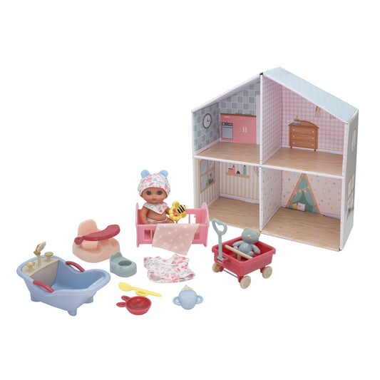 Lil’ Cutesies® 5.5” All Vinyl Baby Doll Playhouse Set – 16 Piece Dollhouse with Furniture & Accessories