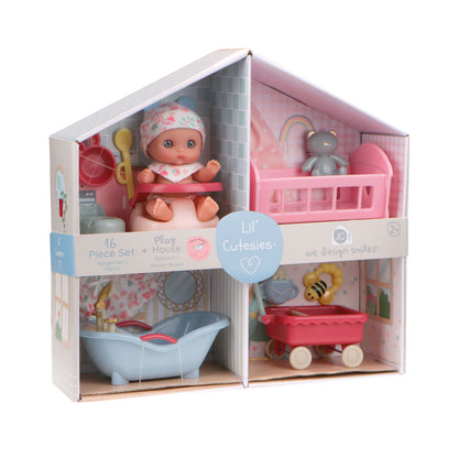 Lil’ Cutesies® 5.5” All Vinyl Baby Doll Playhouse Set – 16 Piece Dollhouse with Furniture & Accessories