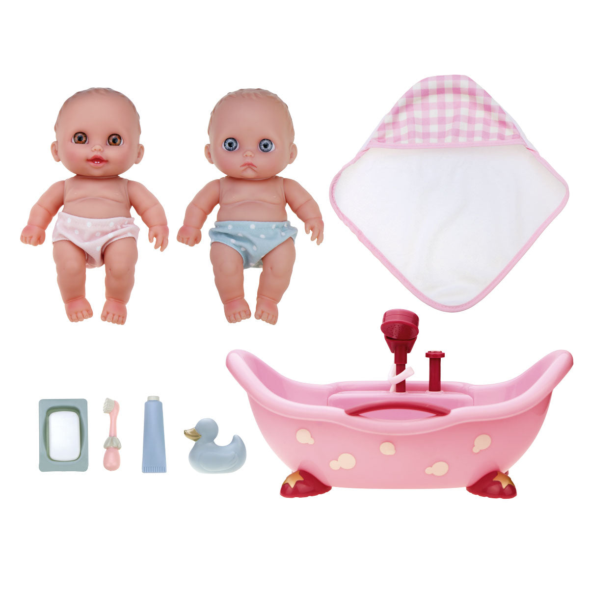 Lil’ Cutesies Twin Baby Doll Bathtub Playset with Working Pump Shower – Bath Time Set with  8.5" Dolls, Hooded Towel & Accessories