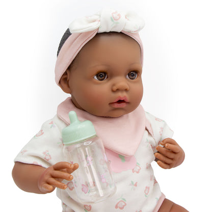 (PRE-ORDER ONLY AVAILABLE AUG 2026)Bonbebé® 15.5” Weighted Reborn Baby Doll with Real Heartbeat, 16-Piece Gift Set (Pink, African American)