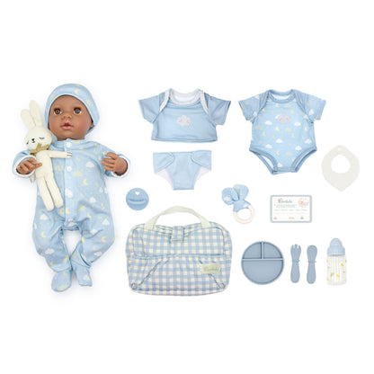 (PRE-ORDER ONLY AVAILABLE AUG 2026)Bonbebé® 15.5” Weighted Reborn Baby Doll with Real Heartbeat, 16-Piece Gift Set (Blue , African American)