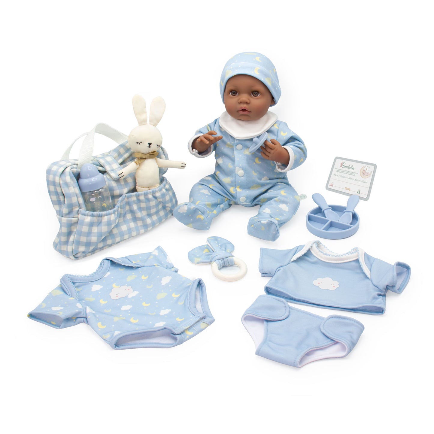 (PRE-ORDER ONLY AVAILABLE AUG 2026)Bonbebé® 15.5” Weighted Reborn Baby Doll with Real Heartbeat, 16-Piece Gift Set (Blue , African American)
