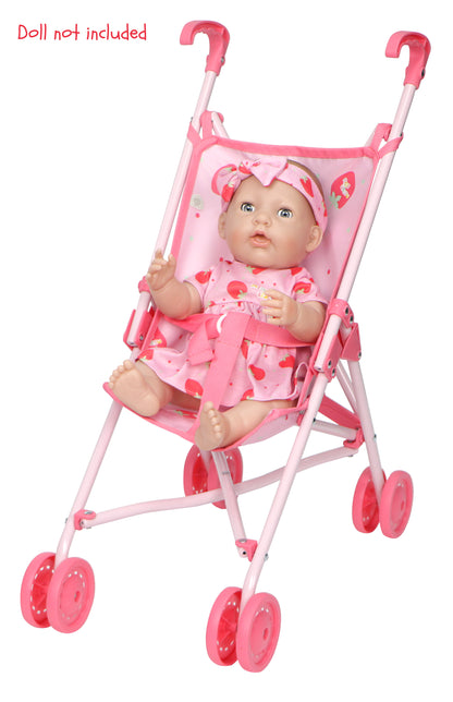 JC Toys Missy Kissy Folding Doll Stroller – Pink Strawberry Print Toy Umbrella Stroller for Dolls & Plush Toys | Lightweight Foldable Doll Buggy for Kids Ages 3+