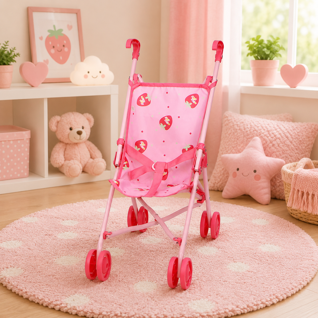 Pink toy stroller with strawberry pattern in a child's room