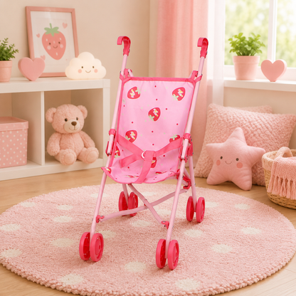 Pink toy stroller with strawberry pattern in a child's room