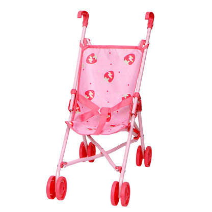 A pink folding doll stroller with a strawberry print design and grey frame and doll strap.