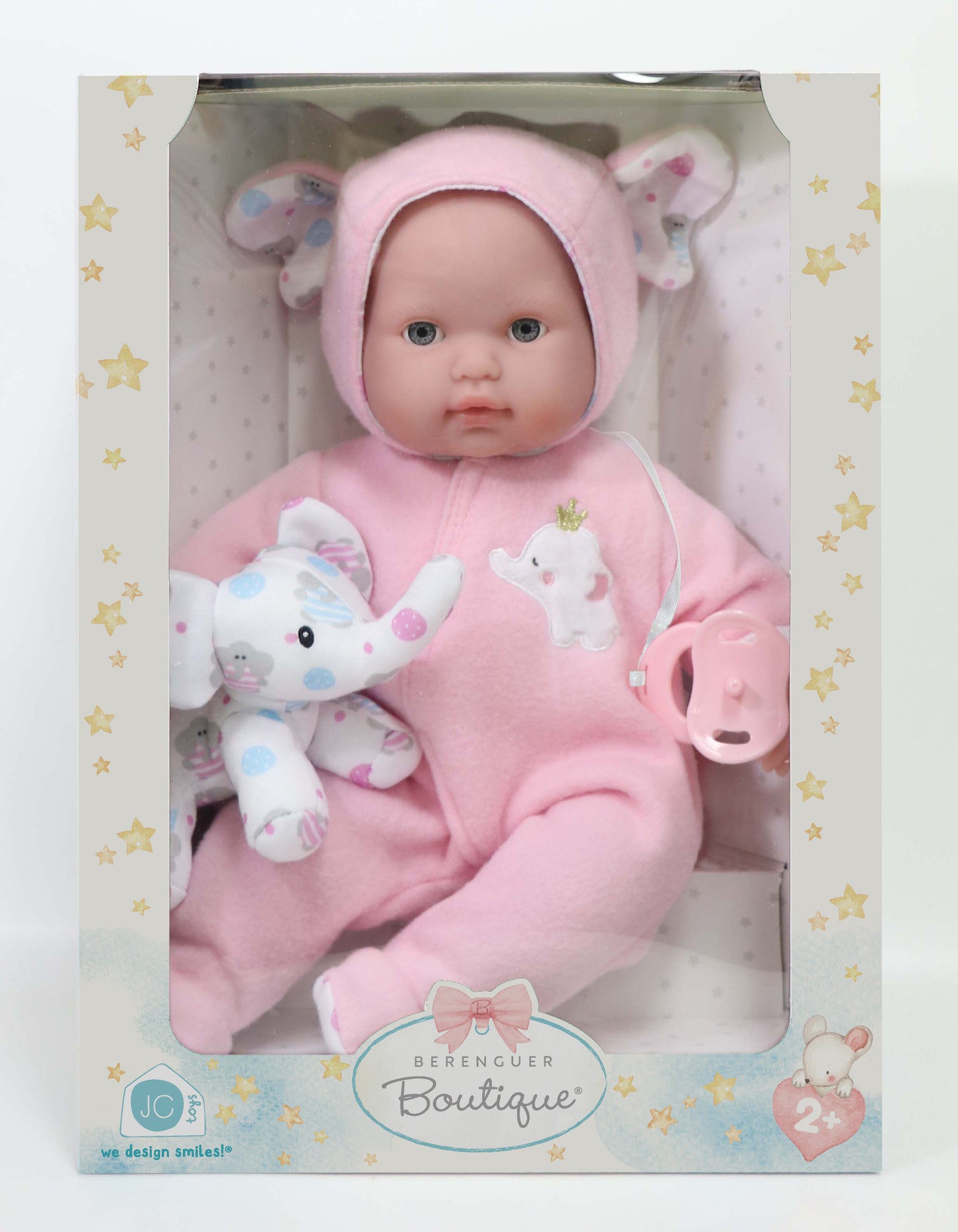 Berenguer Boutique Pink Soft Body 15" Baby Doll Open/Close Eyes w/Play Elephant For Children 2+