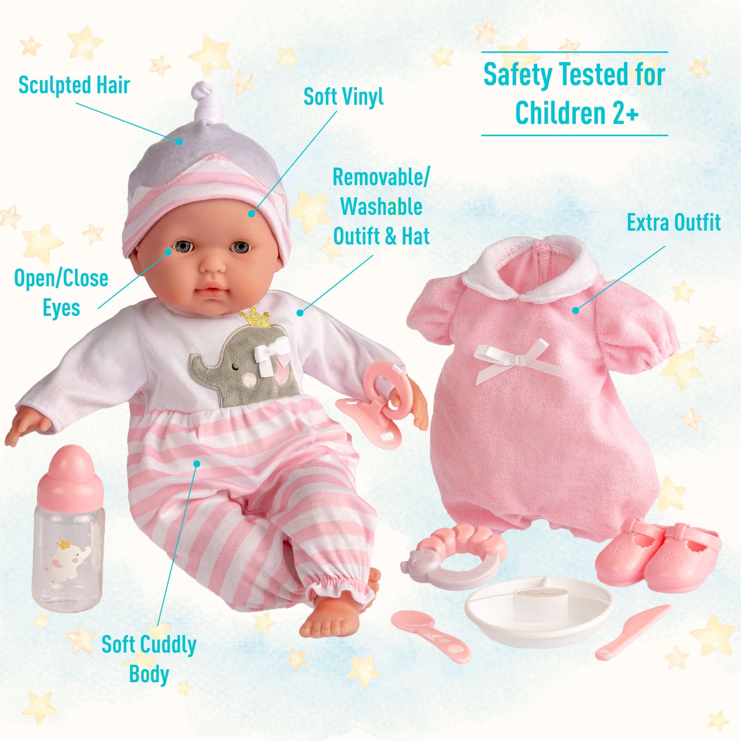Berenguer Boutique 15" Realistic Soft Body Baby Doll Open/Close Eyes 10 Pcs. Set | Pink | Ages 2+