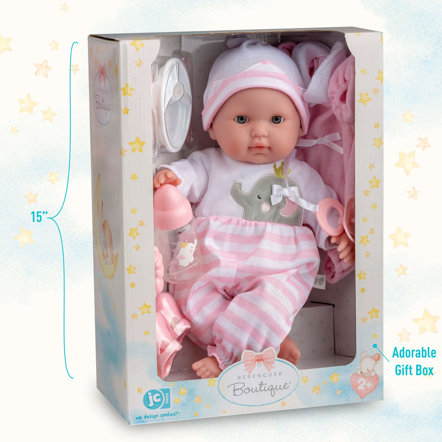 Berenguer Boutique 15" Realistic Soft Body Baby Doll Open/Close Eyes 10 Pcs. Set | Pink | Ages 2+