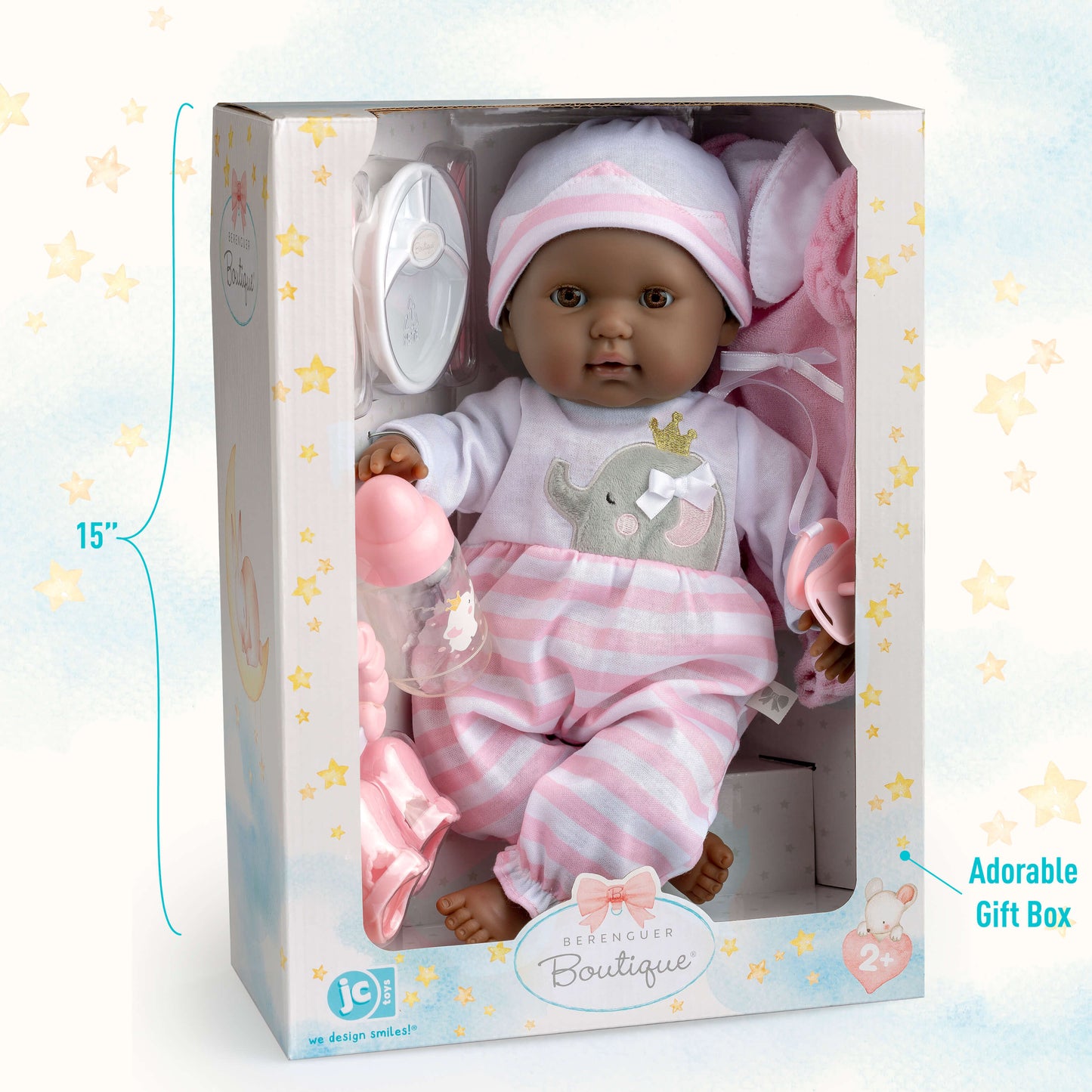 Berenguer Boutique 15" Realistic Soft Body African American Baby Doll Open/Close Eyes 10 Pcs. Set