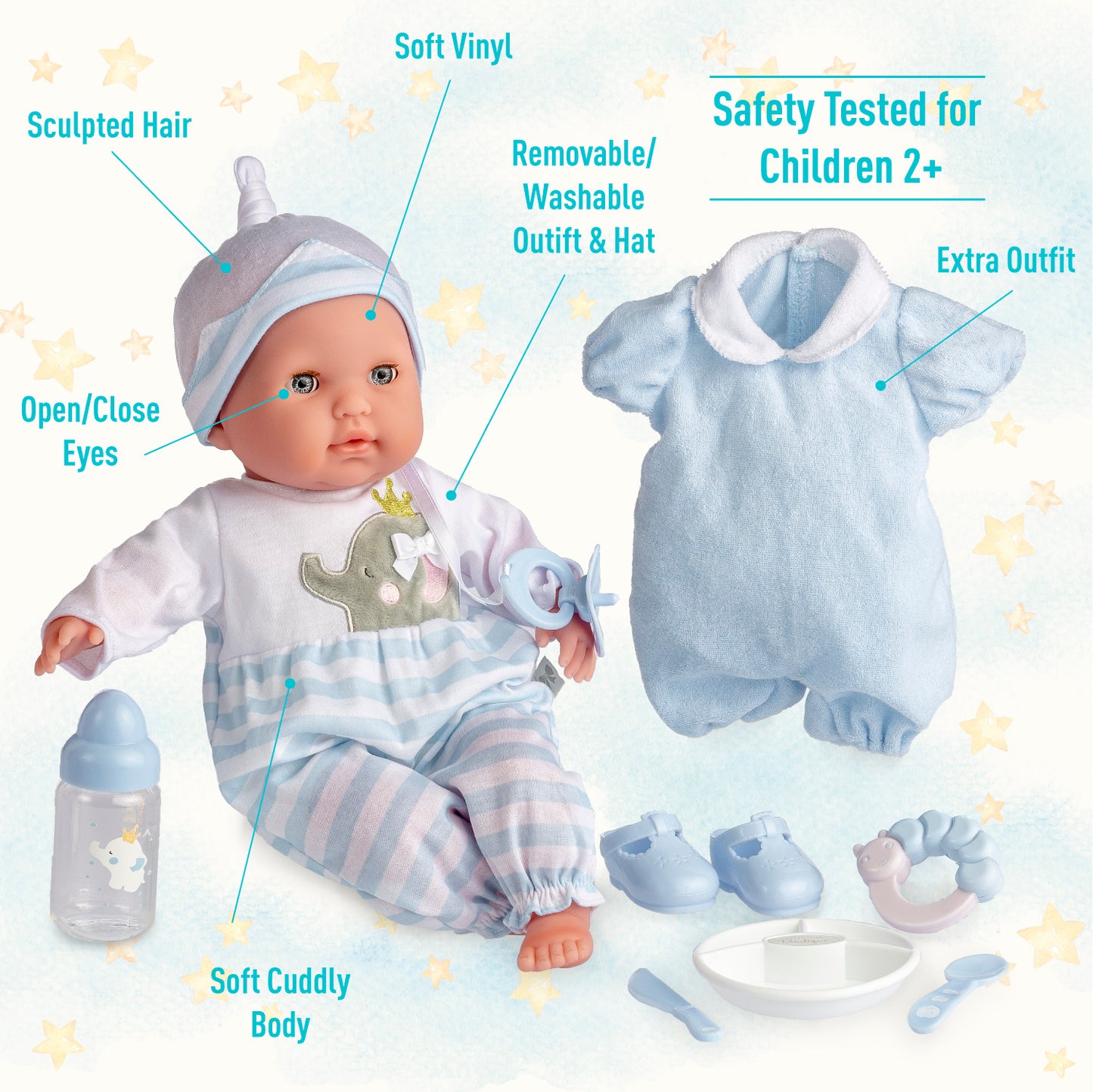 Berenguer Boutique 15" Realistic Soft Body Baby Doll Open/Close Eyes 10 Pcs. Set | Blue | Ages 2+