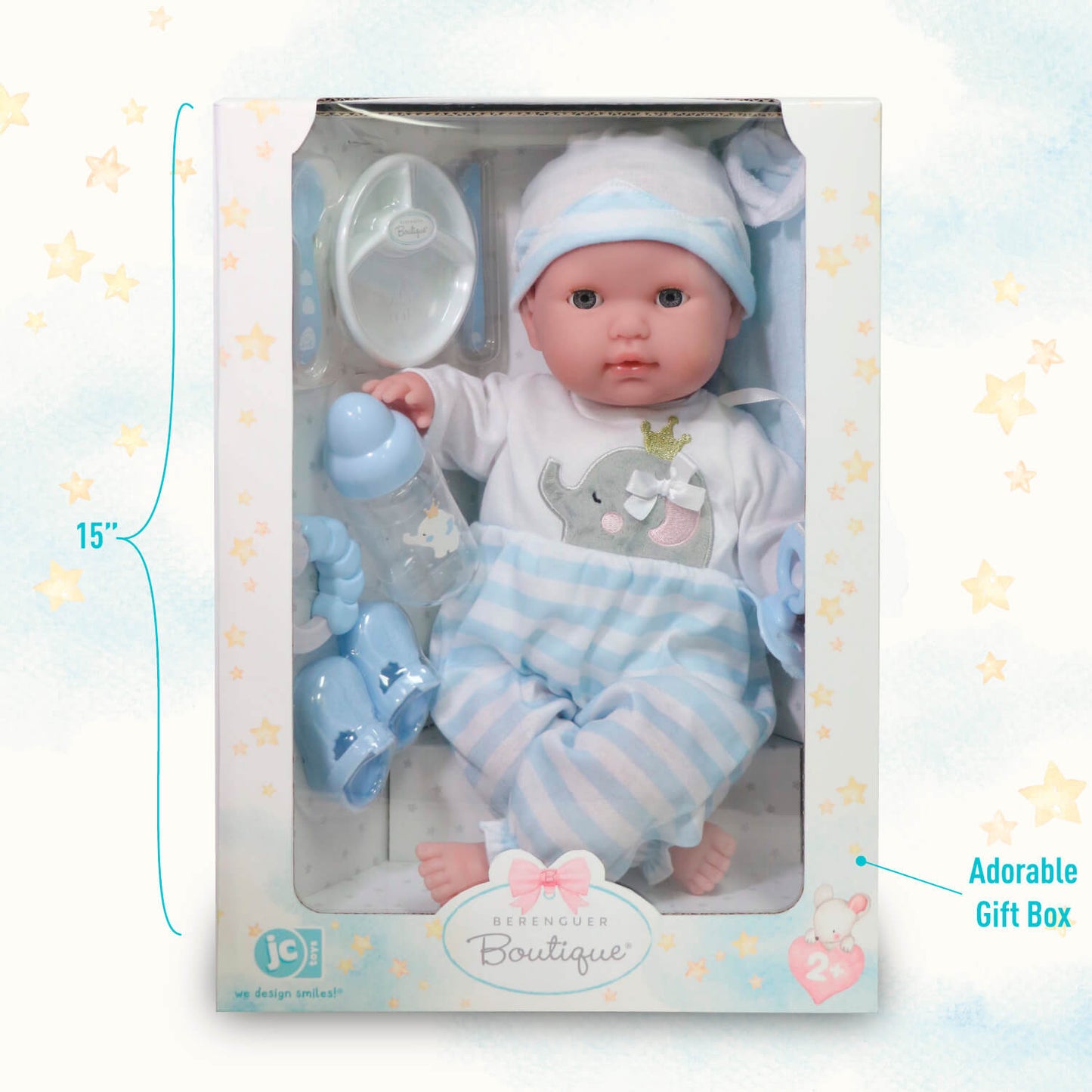 Berenguer Boutique 15" Realistic Soft Body Baby Doll Open/Close Eyes 10 Pcs. Set | Blue | Ages 2+