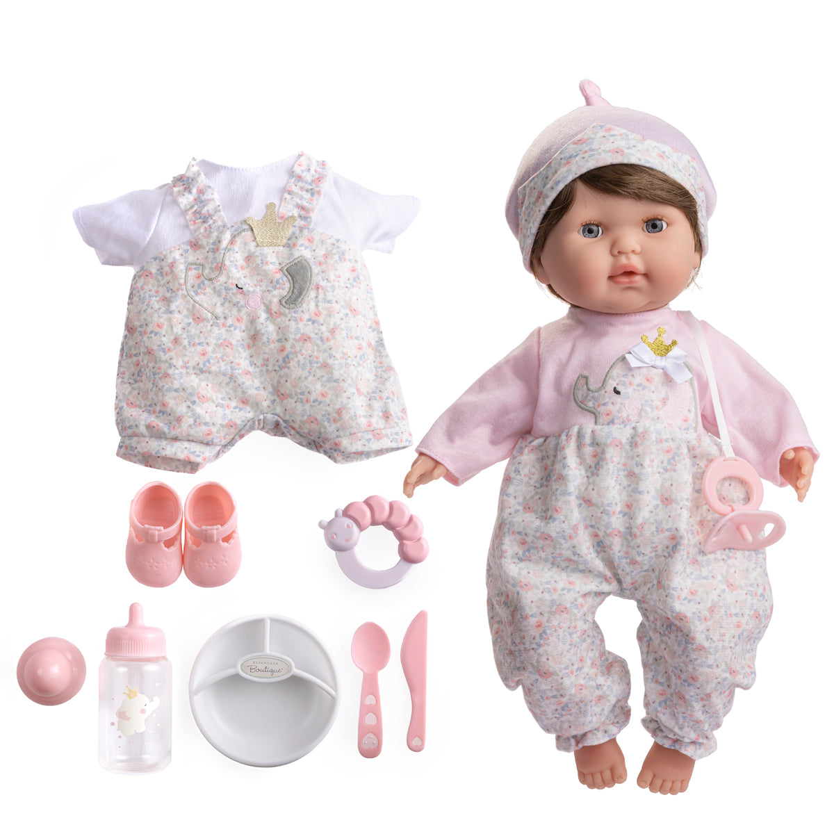 Berenguer Boutique 15" Realistic Soft Body Baby Doll Brown Hair Open/Close Eyes 10 Pcs. Set | Pink | Ages 2+