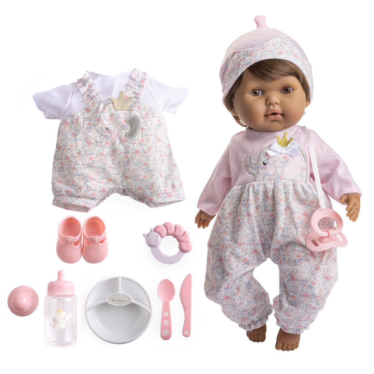 Berenguer Boutique 15" Ethnic Realistic Soft Body Baby Doll Brown Hair Open/Close Eyes 10 Pcs. Set | Pink | Ages 2+