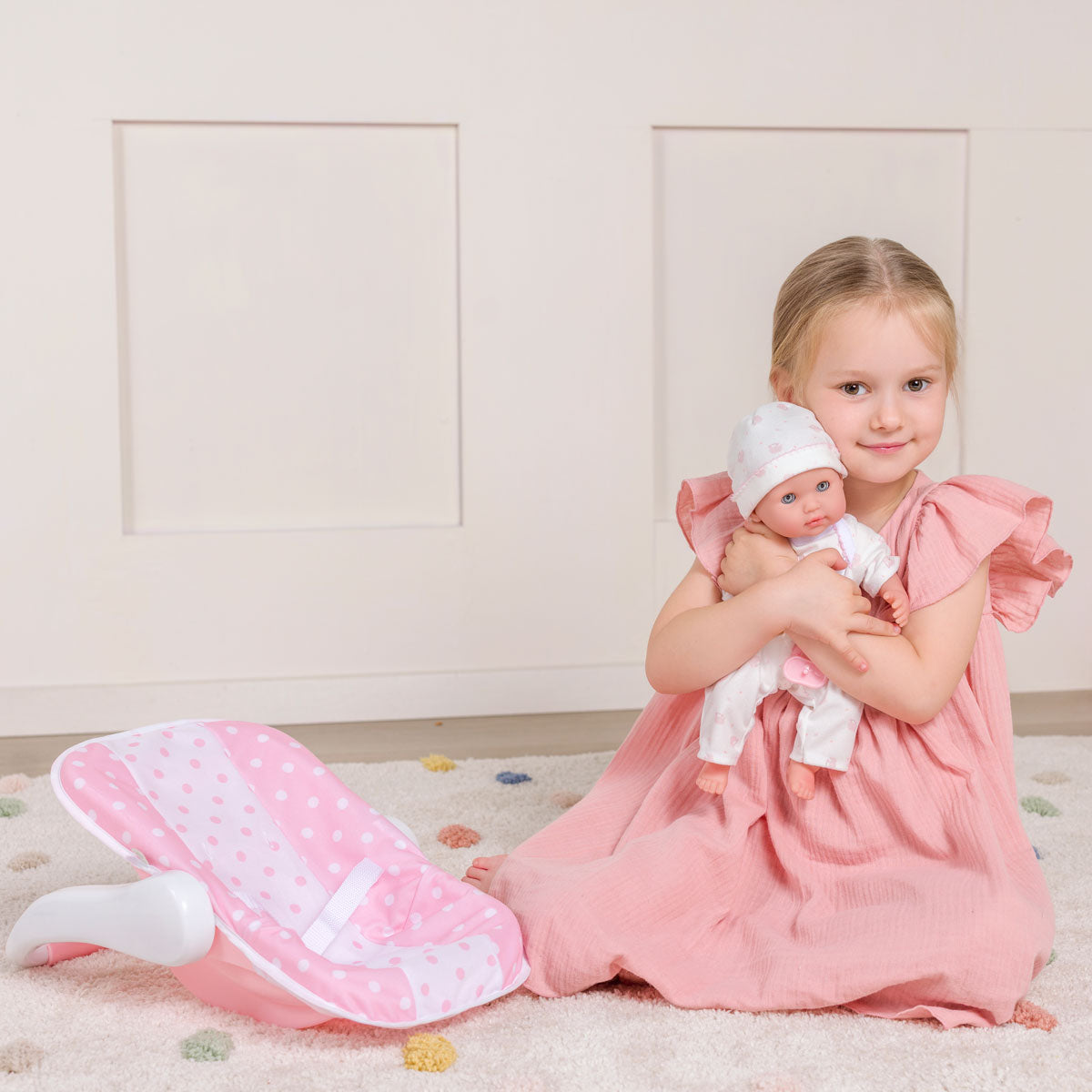 JC Toys 12.5” Soft Body Baby Doll with Pink Polka Dot Carrier – Realistic Newborn Doll with Removable Outfit and Matching Hat – Nonis Berenguer Boutique