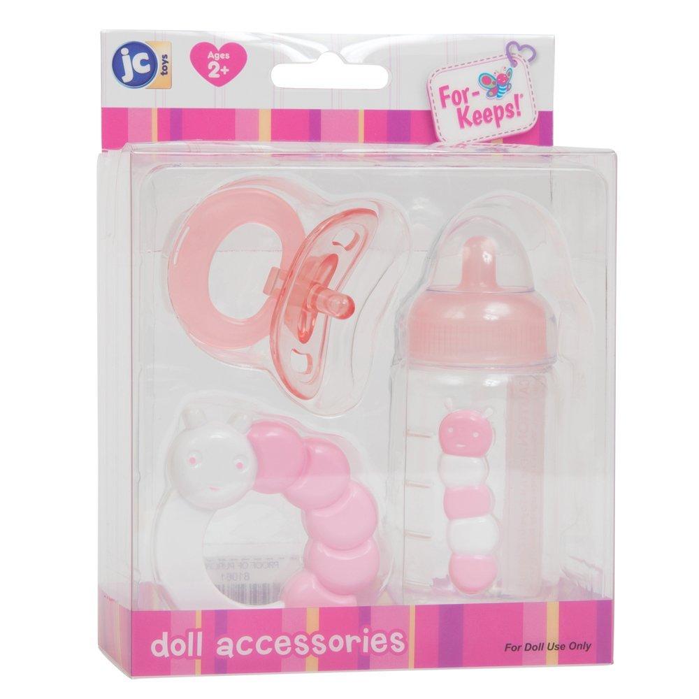 For Keeps! PINK Bottle Rattle and Pacifier Accessory Gift Set 3-Pieces. Fits Most Dolls - Ages 2+