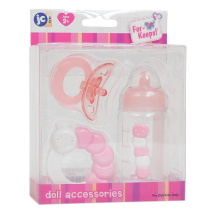 For Keeps! PINK Bottle Rattle and Pacifier Accessory Gift Set 3-Pieces. Fits Most Dolls - Ages 2+
