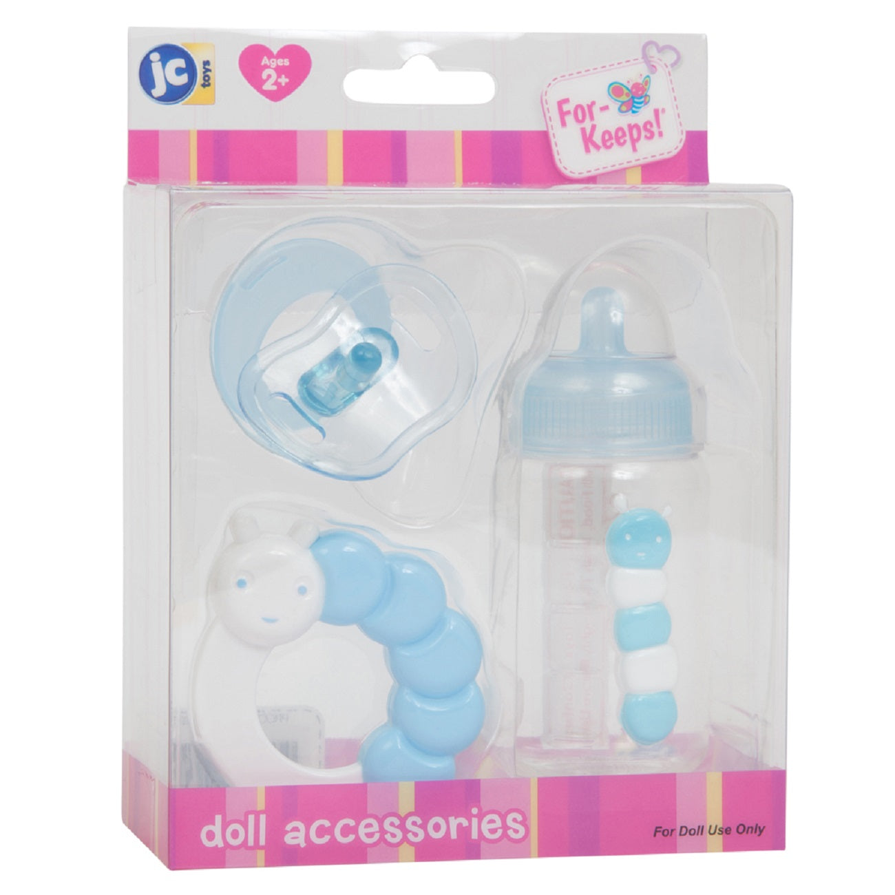 For Keeps! BLUE Bottle Rattle and Pacifier Accessory Gift Set 3-Pieces. Fits Most Dolls - Ages 2+