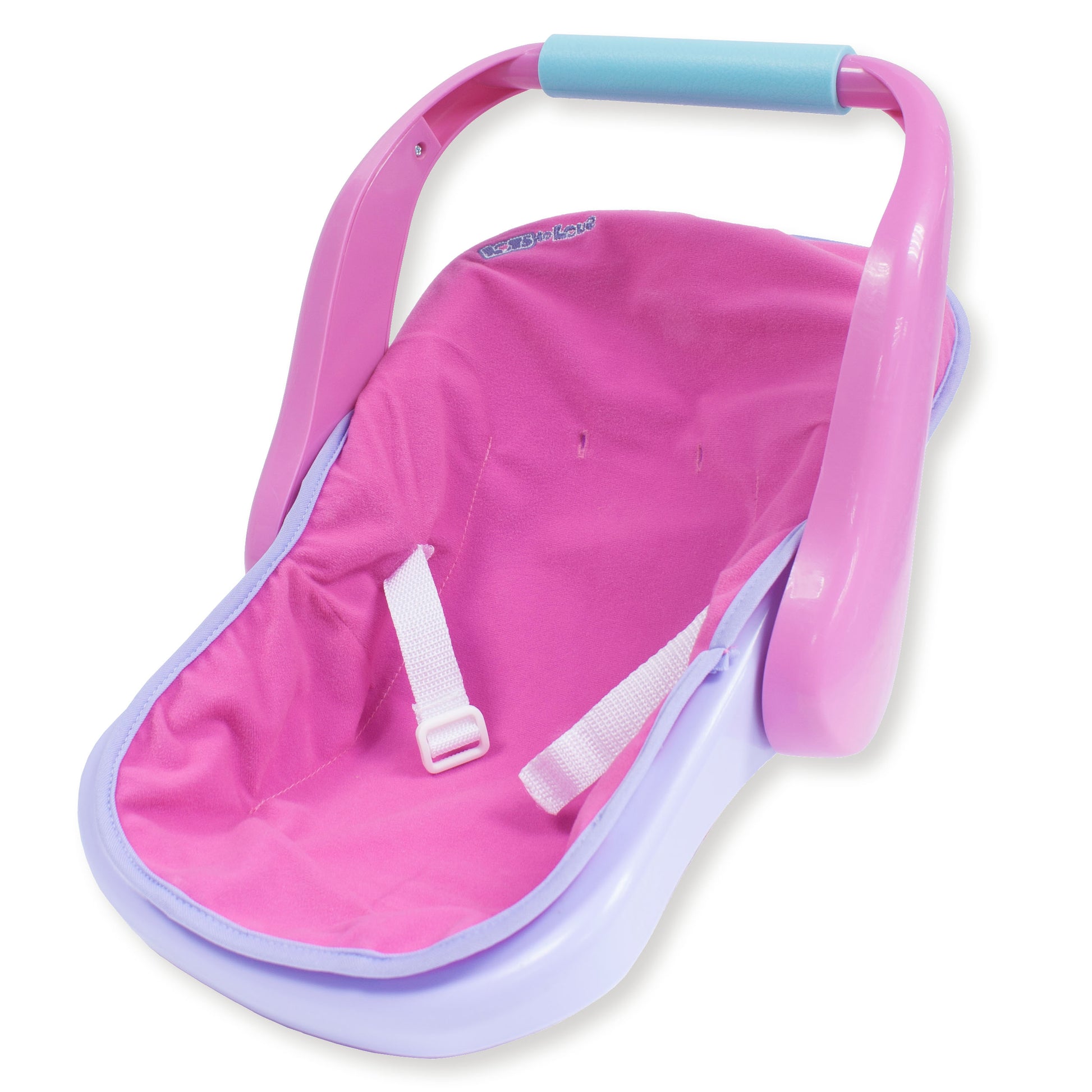 Pink and purple baby seat with a handle on a white background