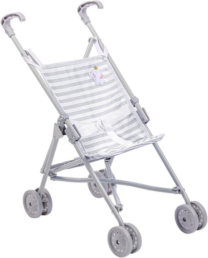 A grey folding single umbrella baby doll stroller with grey and white striped seat, embroidered boutique accent, and doll strap.