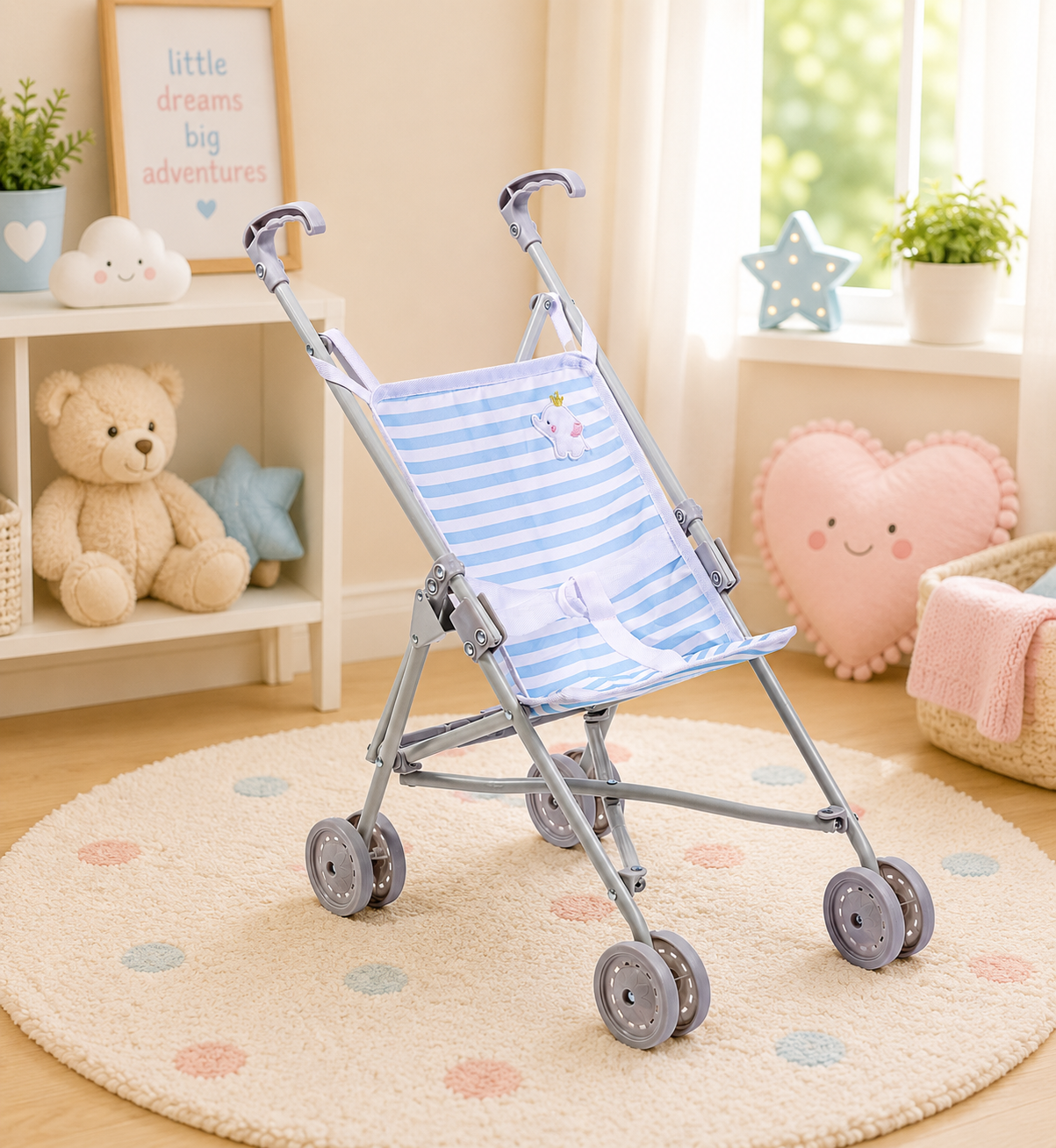 Children's stroller with striped canopy in a room with toys and decor