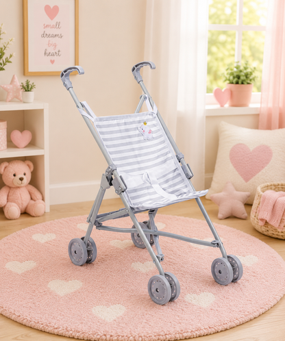Children's stroller in a room with toys and decor