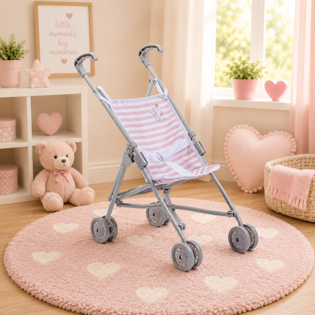Pink and gray baby stroller in a child's room with toys and decor.