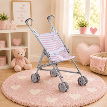 Pink and gray baby stroller in a child's room with toys and decor.