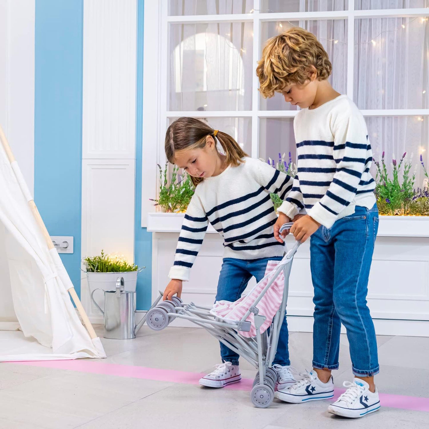 JC Toys Berenguer Boutique Twin Umbrella Baby Doll Stroller Elephant Theme PINK Ages 2 +