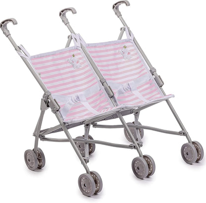 A twin umbrella baby doll stroller with a grey frame and pink and white striped seats, designed for dolls up to 18 inches long.
